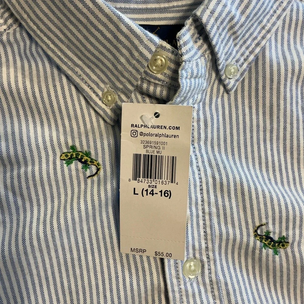 Ralph Lauren‎ Button Down Shirt Boys L 14-16 Pinstripe Lizard Embroidered Preppy